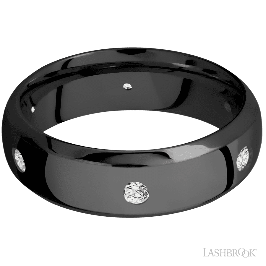 7 mm wide/Domed Bevel/Zirconium band with a 6X Even arrangement of .07 carat Round Diamond stones in a Flush setting. view 3