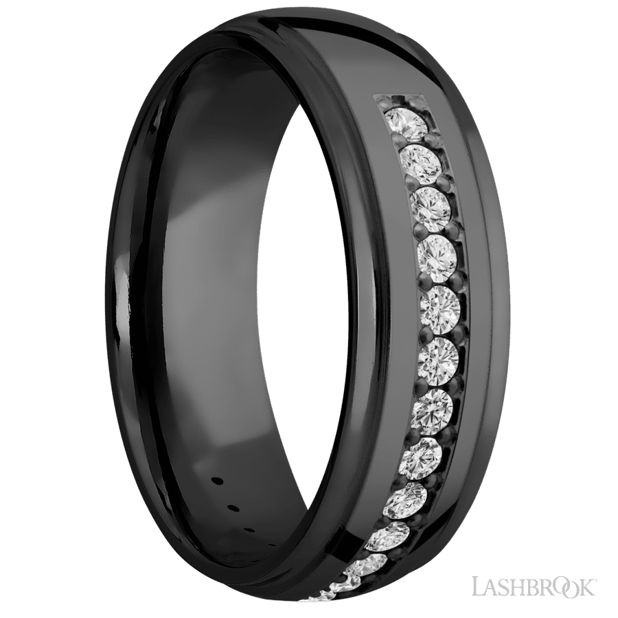 7 mm wide/Domed Stepped Down Edges/Zirconium band with a Half Eternity arrangement of .03 carat Round Diamond stones in a Bead setting. view 2