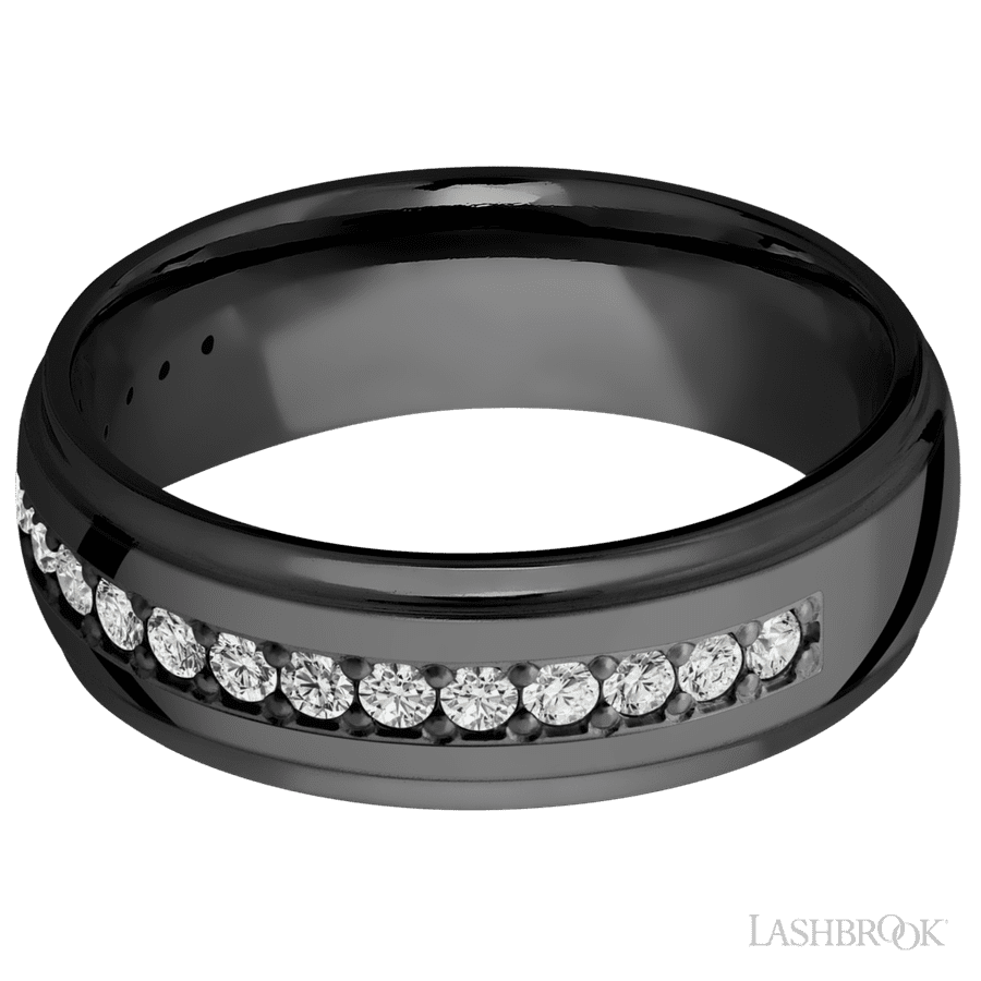 7 mm wide/Domed Stepped Down Edges/Zirconium band with a Half Eternity arrangement of .03 carat Round Diamond stones in a Bead setting. view 3