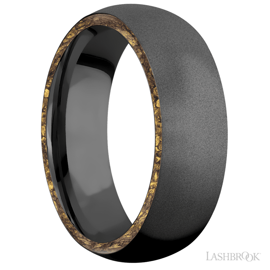 7 mm wide/Domed/Zirconium band with two 1 mm Side inlays of Alaskan Gold Nugget. view 2