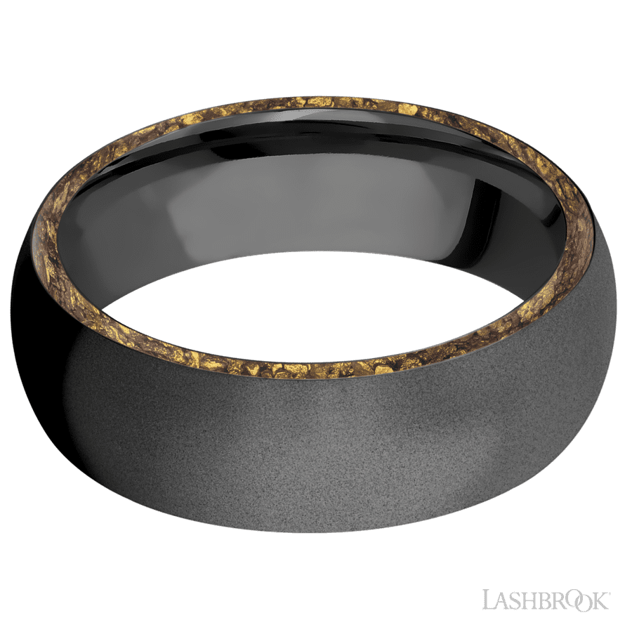 7 mm wide/Domed/Zirconium band with two 1 mm Side inlays of Alaskan Gold Nugget. view 3