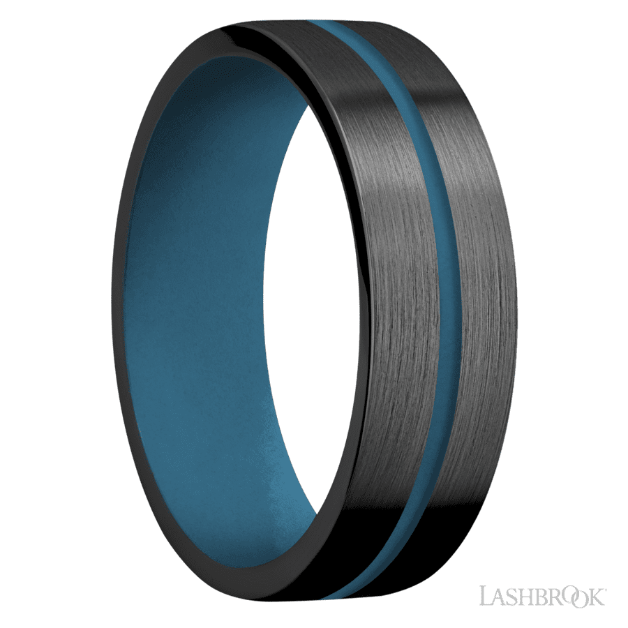7 mm wide/Flat/Zirconium band with one 1 mm Centered inlay of Royal Blue also featuring a Royal Blue sleeve. view 2