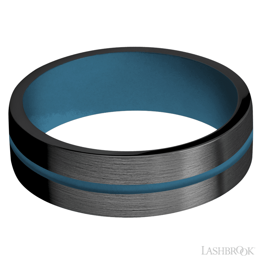 7 mm wide/Flat/Zirconium band with one 1 mm Centered inlay of Royal Blue also featuring a Royal Blue sleeve. view 3
