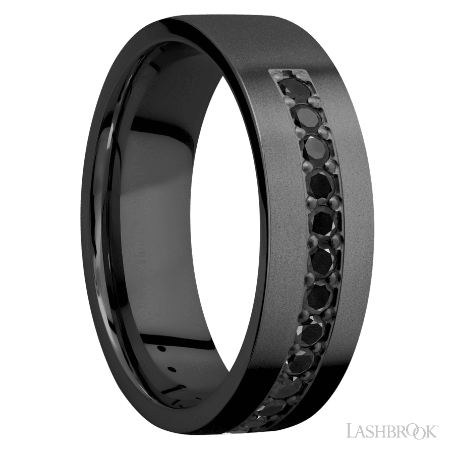 7 mm wide/Flat/Zirconium band with a Half Eternity arrangement of .03 carat Round Black Diamond stones in a Bead setting. view 2