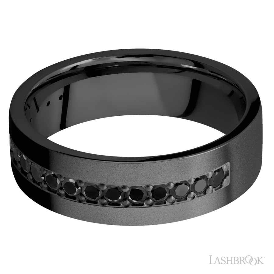 7 mm wide/Flat/Zirconium band with a Half Eternity arrangement of .03 carat Round Black Diamond stones in a Bead setting. view 3
