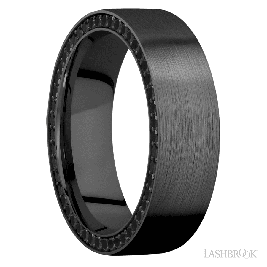 7 mm wide/Flat/Zirconium band with a Side Eternity arrangement of .01 carat Round Black Diamond stones in a Bead setting. view 2