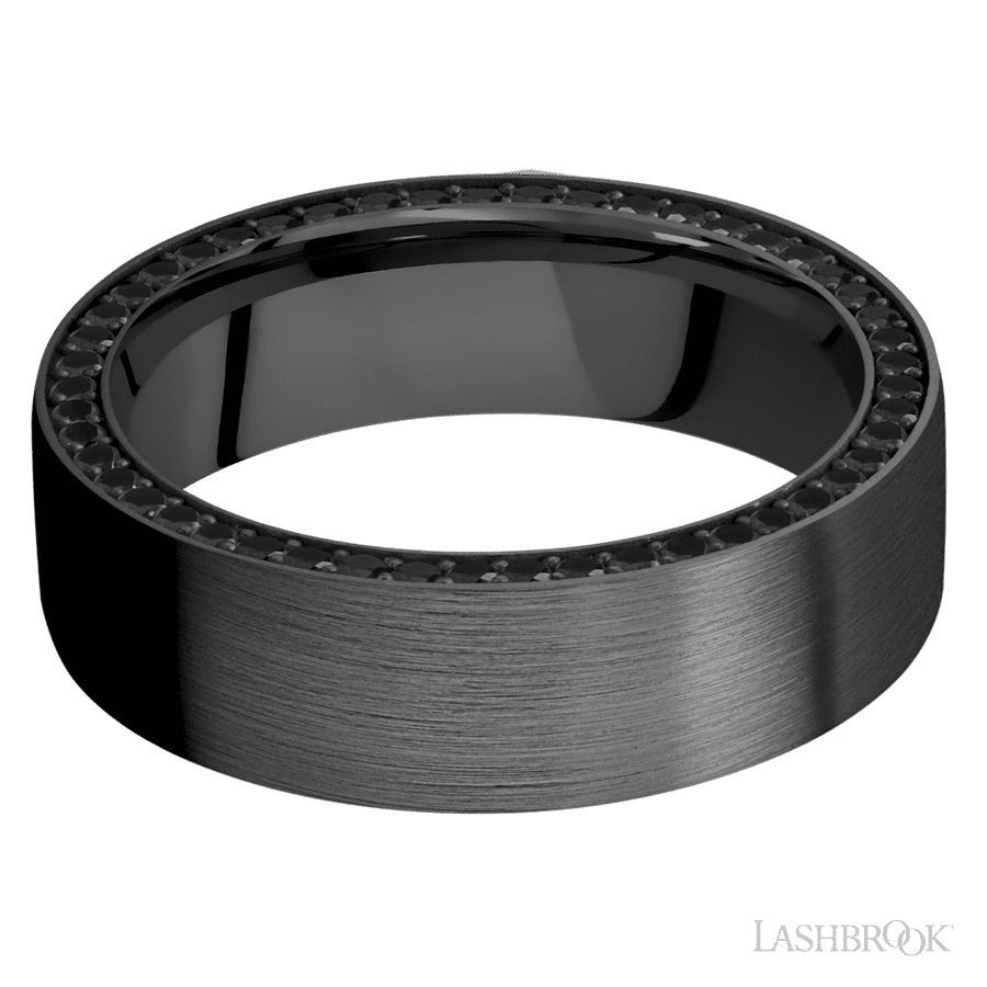7 mm wide/Flat/Zirconium band with a Side Eternity arrangement of .01 carat Round Black Diamond stones in a Bead setting. view 3