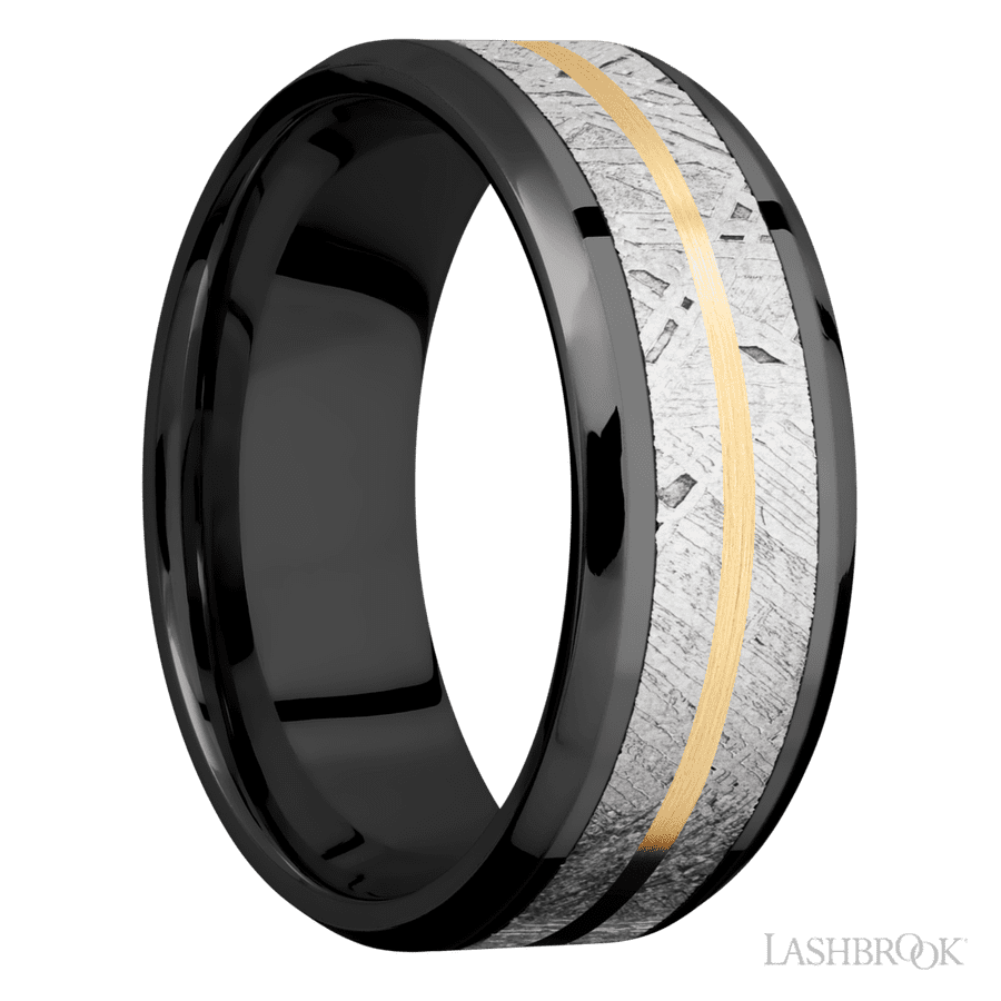8 mm wide/Beveled/Zirconium band featuring inlays of Meteorite and 14K Yellow Gold. view 2