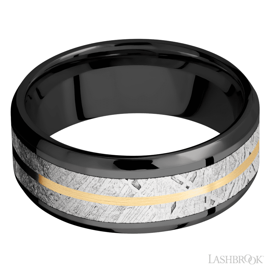 8 mm wide/Beveled/Zirconium band featuring inlays of Meteorite and 14K Yellow Gold. view 3