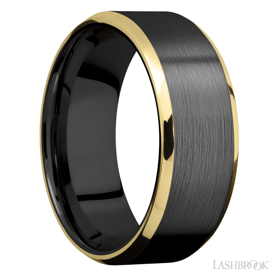 8 mm wide/Beveled/Zirconium band with two 1 mm Edge inlays of 14K Yellow Gold. view 2
