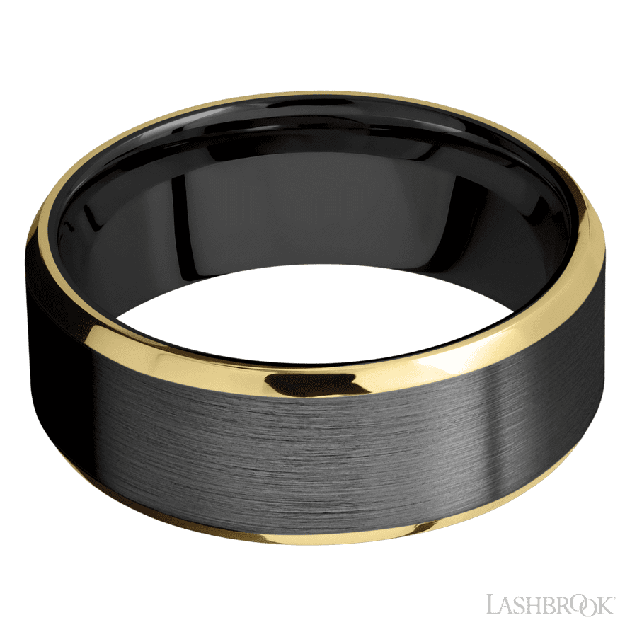 8 mm wide/Beveled/Zirconium band with two 1 mm Edge inlays of 14K Yellow Gold. view 3