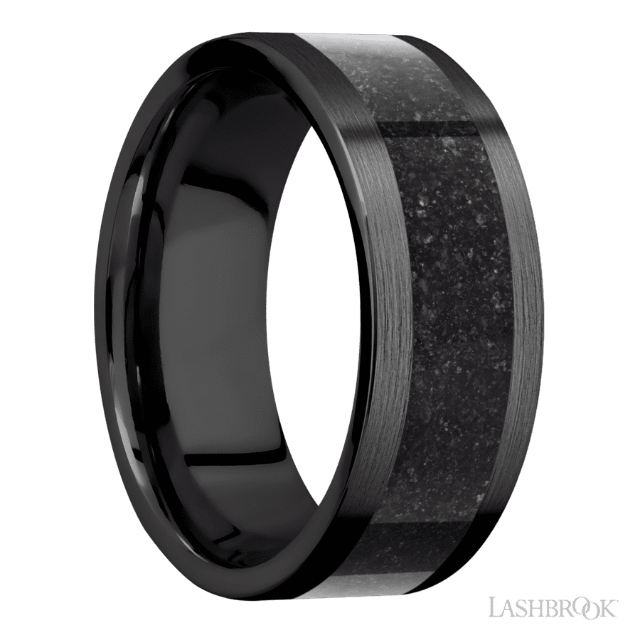 8 mm wide/Flat/Zirconium band with one 5 mm Centered inlay of Dinosaur Bone Black. view 2