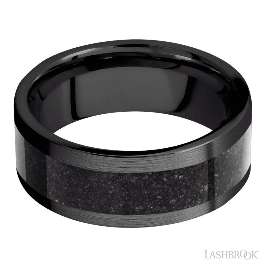 8 mm wide/Flat/Zirconium band with one 5 mm Centered inlay of Dinosaur Bone Black. view 3