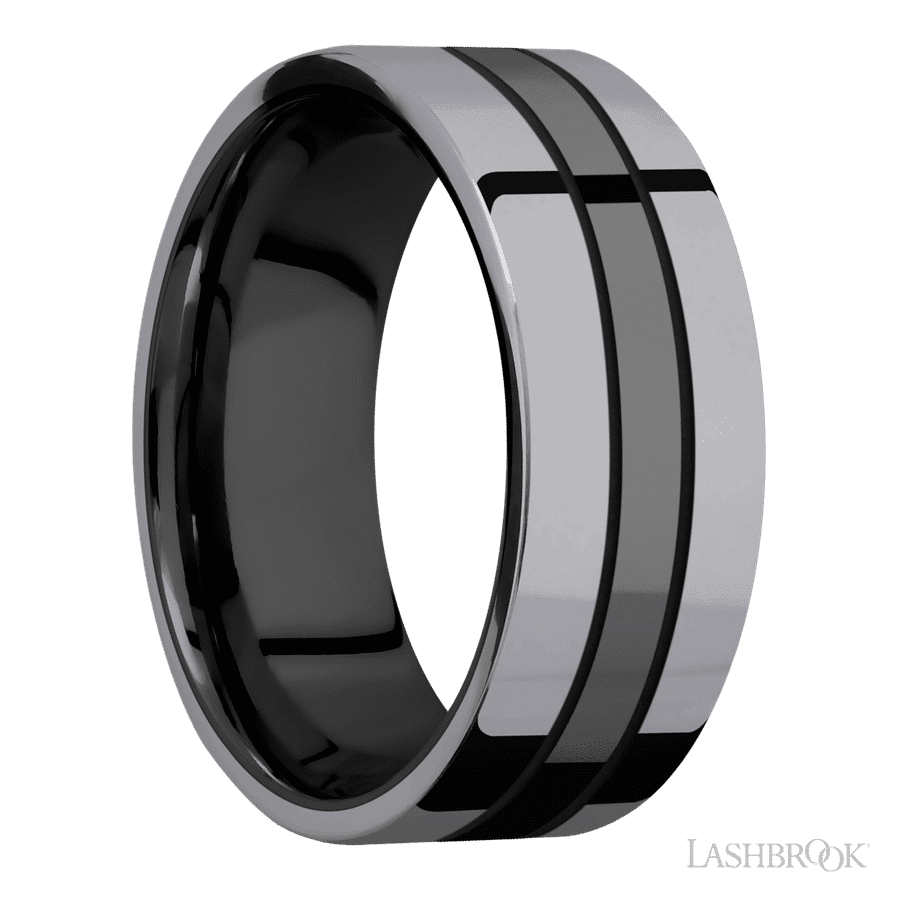 8 mm wide/Flat/Zirconium band with two 3 mm Double Off Center Edge inlays of Tantalum. view 2
