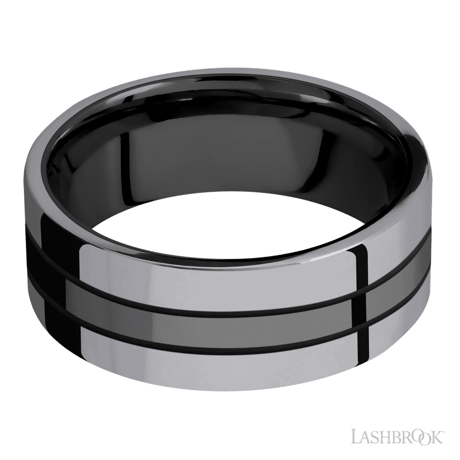 8 mm wide/Flat/Zirconium band with two 3 mm Double Off Center Edge inlays of Tantalum. view 3