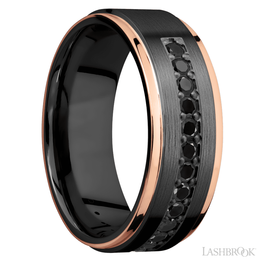 8 mm wide/Flat Grooved Edges/Zirconium band with a Half Eternity arrangement of .03 carat Round Black Diamond stones in a Bead setting and featuring two 1 mm Edge inlays of 14K Rose Gold view 2
