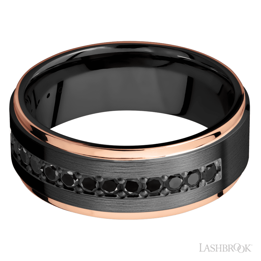 8 mm wide/Flat Grooved Edges/Zirconium band with a Half Eternity arrangement of .03 carat Round Black Diamond stones in a Bead setting and featuring two 1 mm Edge inlays of 14K Rose Gold view 3