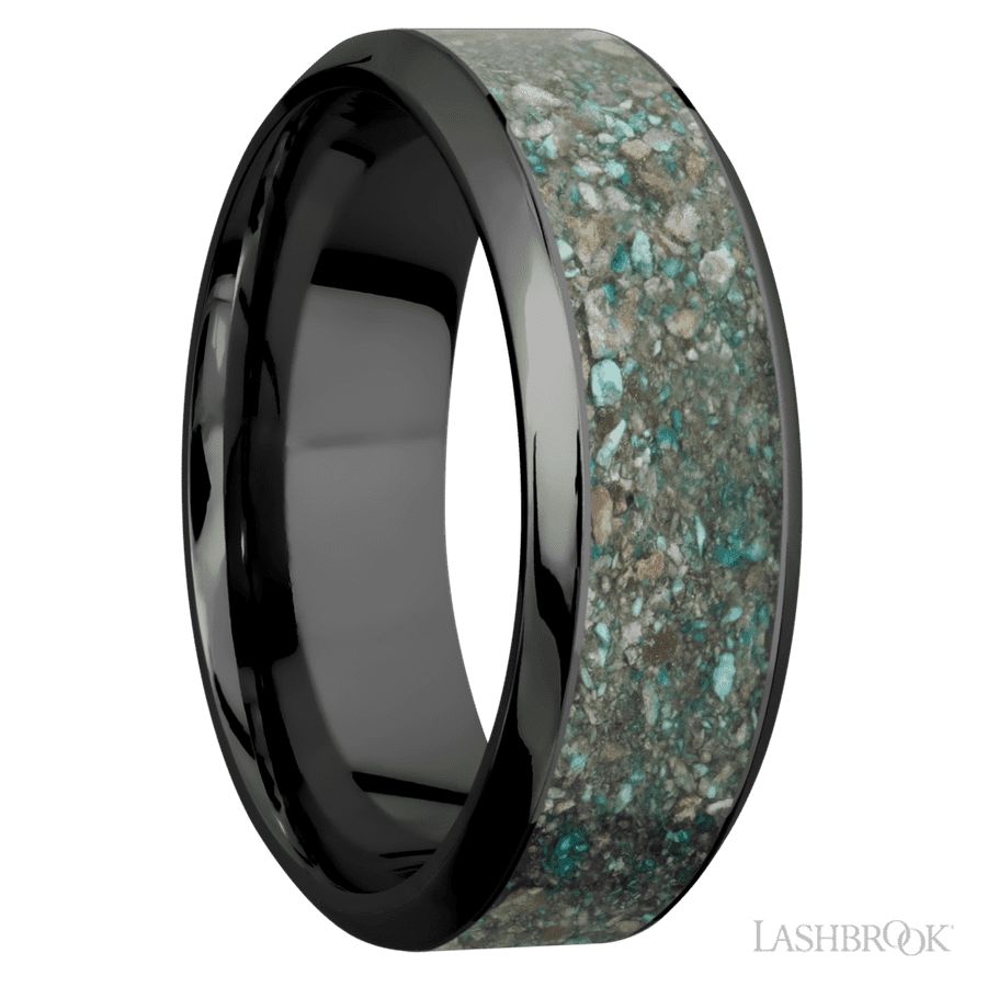 8 mm wide/High Bevel/Zirconium band with one 5 mm Centered inlay of Ocean Jasper. view 2