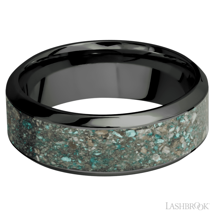 8 mm wide/High Bevel/Zirconium band with one 5 mm Centered inlay of Ocean Jasper. view 3