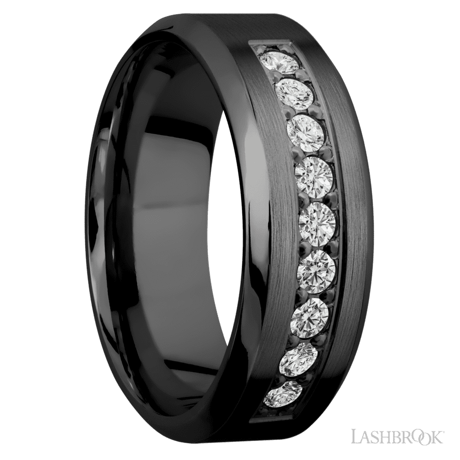 8 mm wide/High Bevel/Zirconium band with an  arrangement of 9, .05 carat Round Diamond stones in a Bead setting. view 2