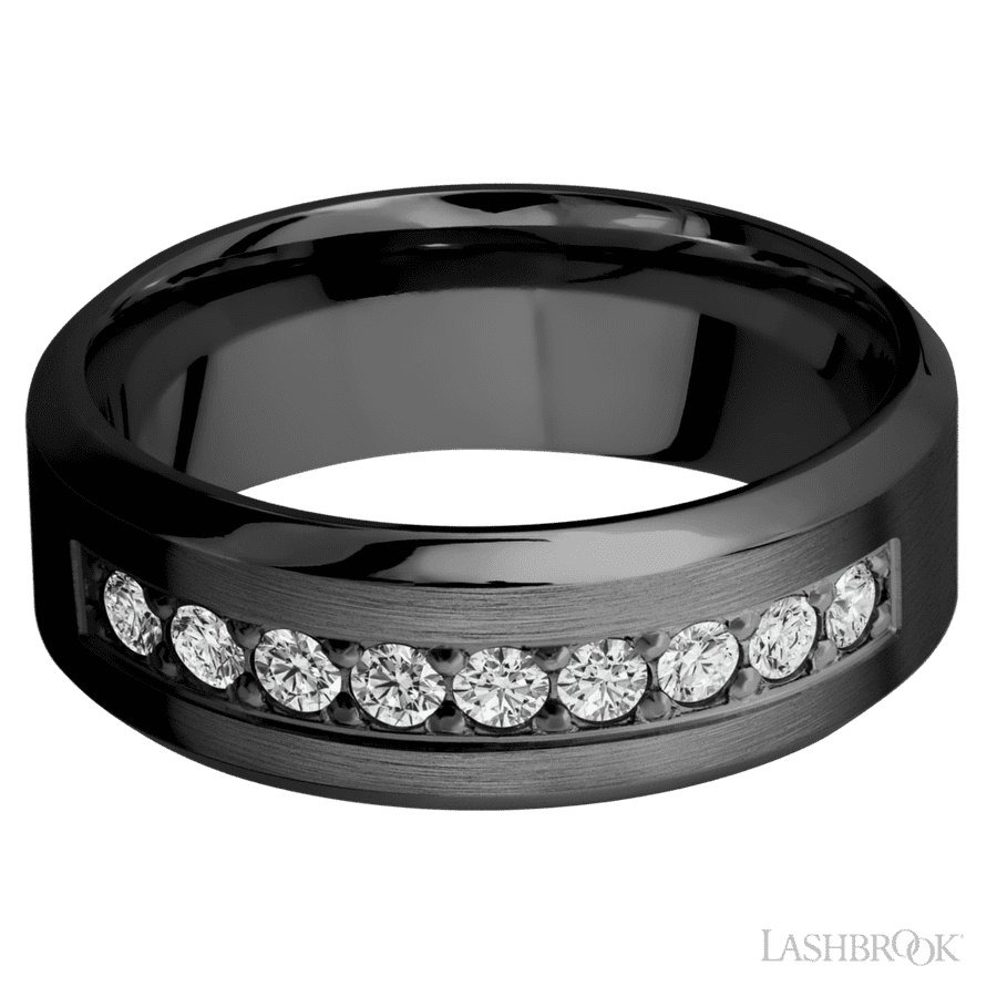 8 mm wide/High Bevel/Zirconium band with an  arrangement of 9, .05 carat Round Diamond stones in a Bead setting. view 3