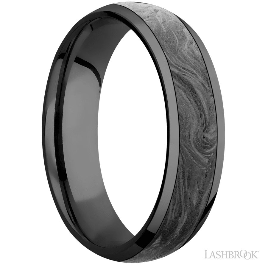 6 mm wide/Domed/Zirconium band with one 4 mm Centered inlay of Forged Carbon Fiber. view 2
