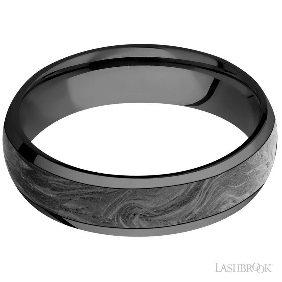 6 mm wide/Domed/Zirconium band with one 4 mm Centered inlay of Forged Carbon Fiber. view 3