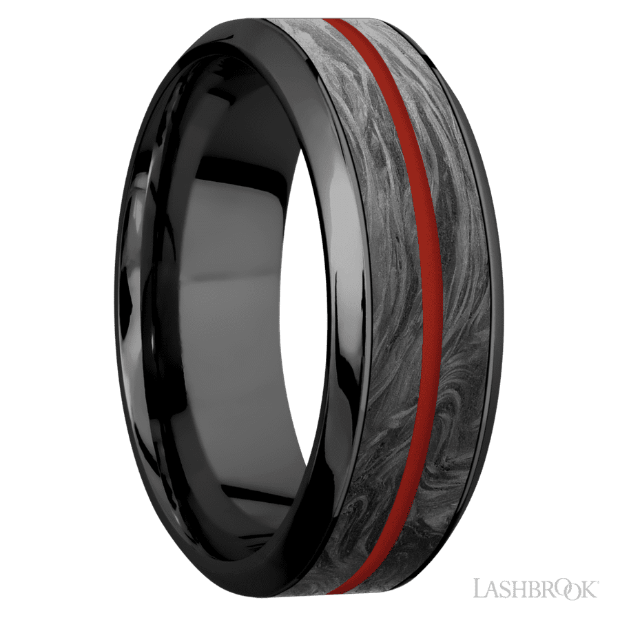 8 mm wide/High Bevel/Zirconium band featuring inlays of Forged Carbon Fiber and Red Apple. view 2
