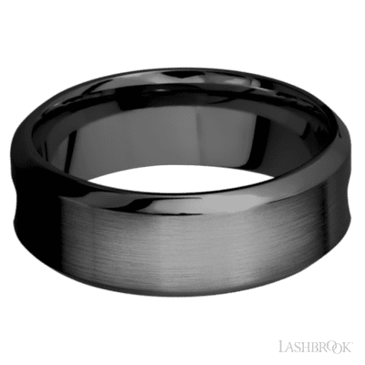 8 mm wide/High Bevel/Zirconium band featuring inlays of Forged Carbon Fiber and Red Apple. view 3