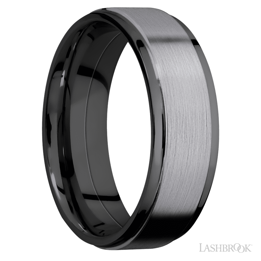 7 mm wide/Flat Grooved Edges/Zirconium band with one 5 mm Raised Centered inlay of Tantalum. view 2
