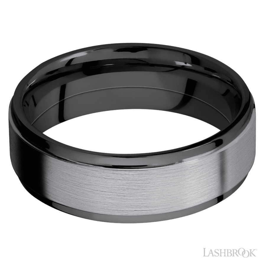 7 mm wide/Flat Grooved Edges/Zirconium band with one 5 mm Raised Centered inlay of Tantalum. view 3