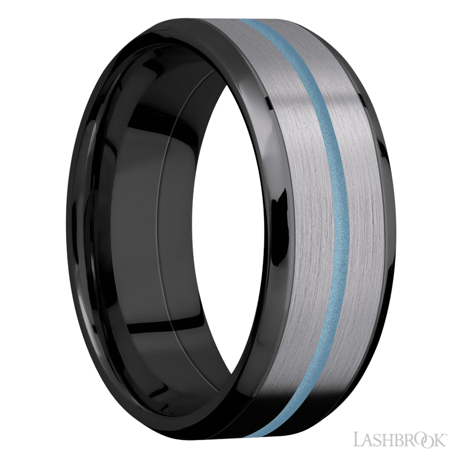 8 mm wide/Beveled/Zirconium band featuring inlays of Tantalum and Polar Blue. view 2