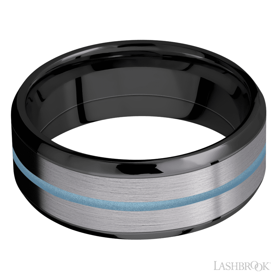 8 mm wide/Beveled/Zirconium band featuring inlays of Tantalum and Polar Blue. view 3