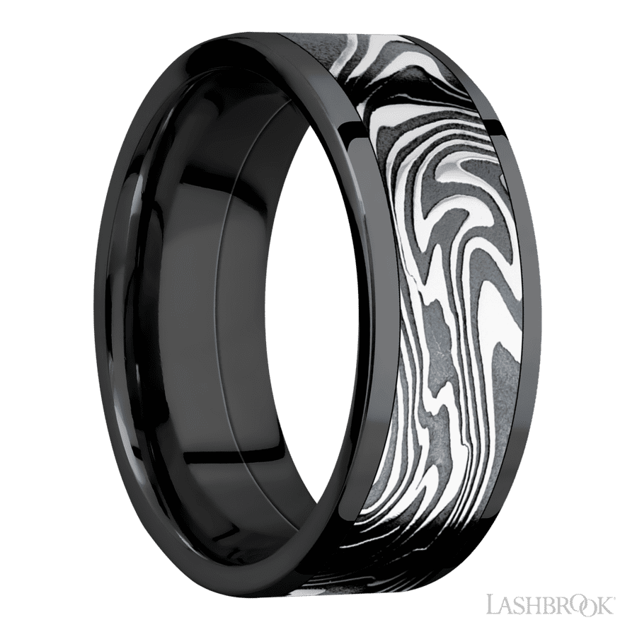 8 mm wide/Flat/Zirconium band with one 6 mm Centered inlay of Kinetic. view 2