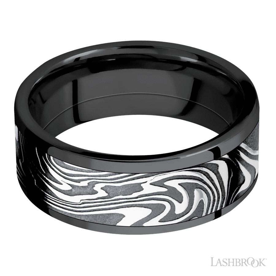 8 mm wide/Flat/Zirconium band with one 6 mm Centered inlay of Kinetic. view 3