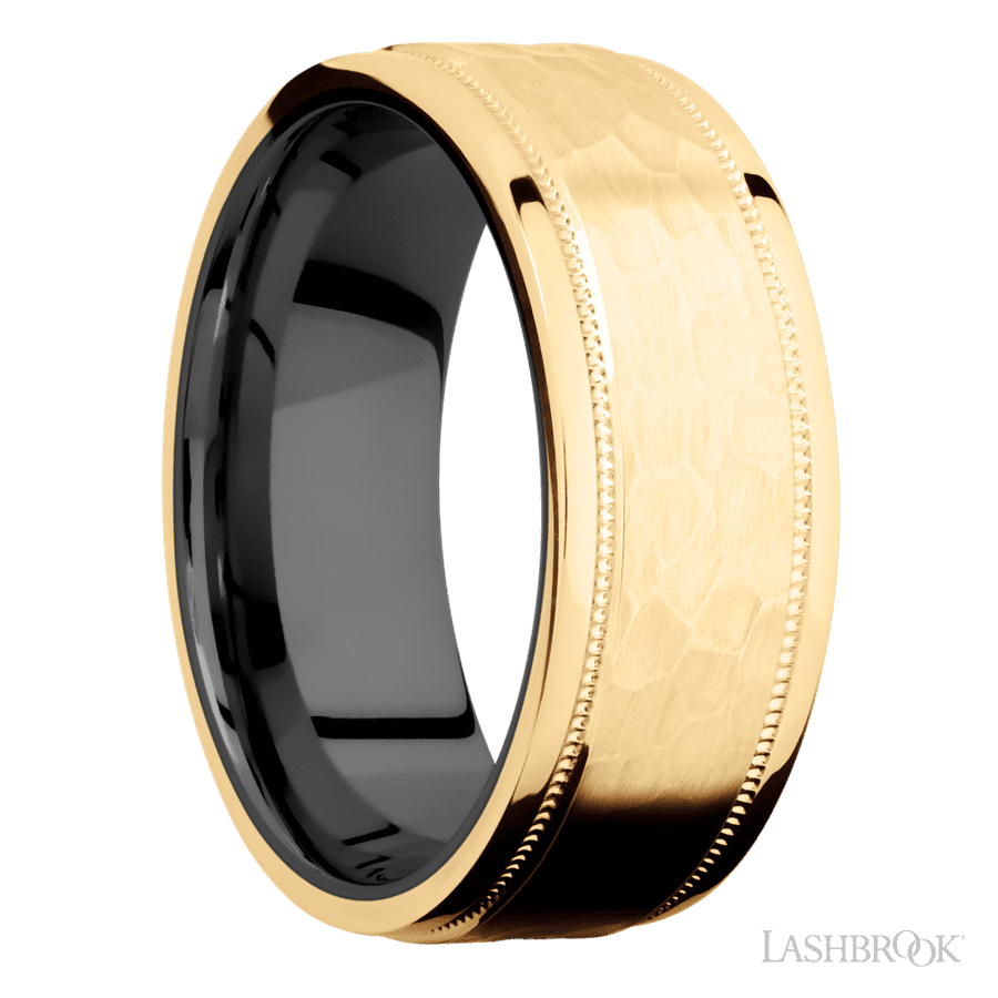8 mm wide Flat Stepped Edges Milgrain 14K Yellow Gold band featuring a Zirconium sleeve. view 2