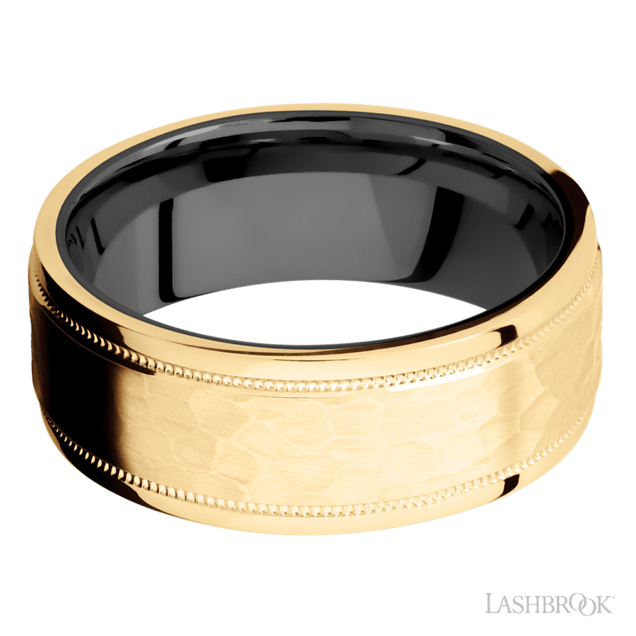 8 mm wide Flat Stepped Edges Milgrain 14K Yellow Gold band featuring a Zirconium sleeve. view 3