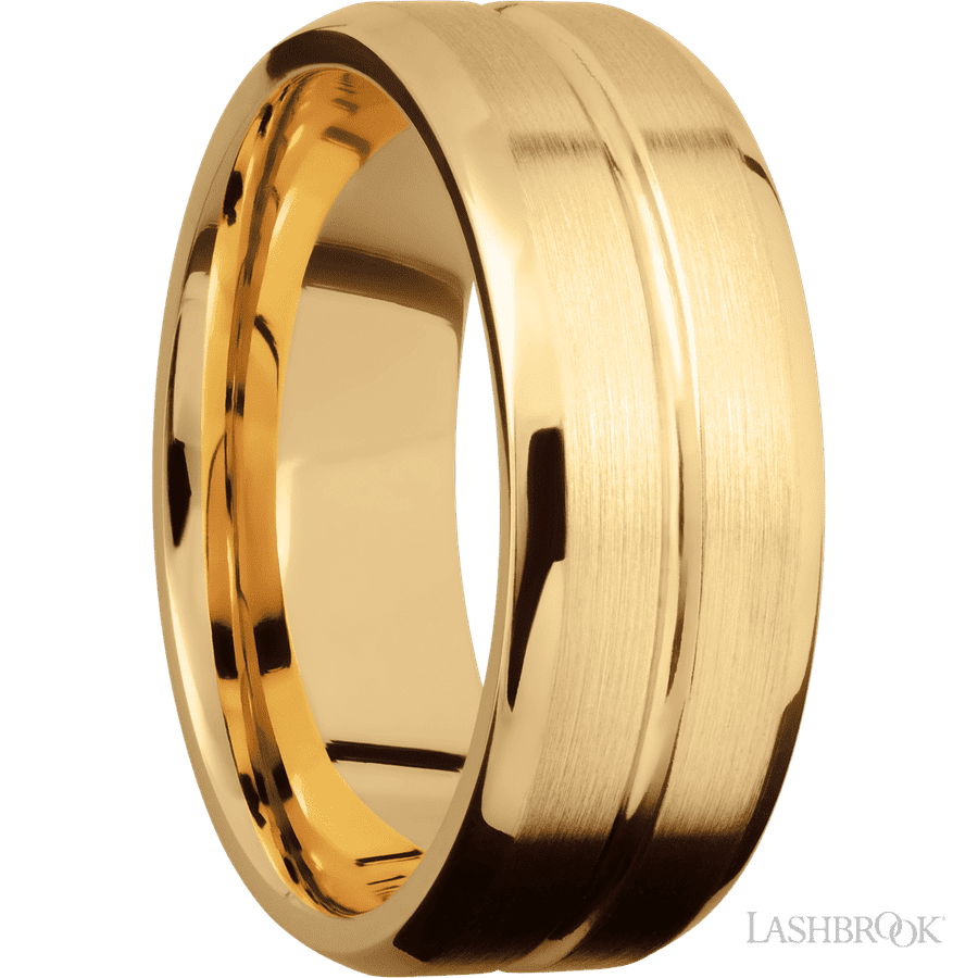 8 mm wide Beveled with Center Accent Groove 14K Yellow Gold band. view 2