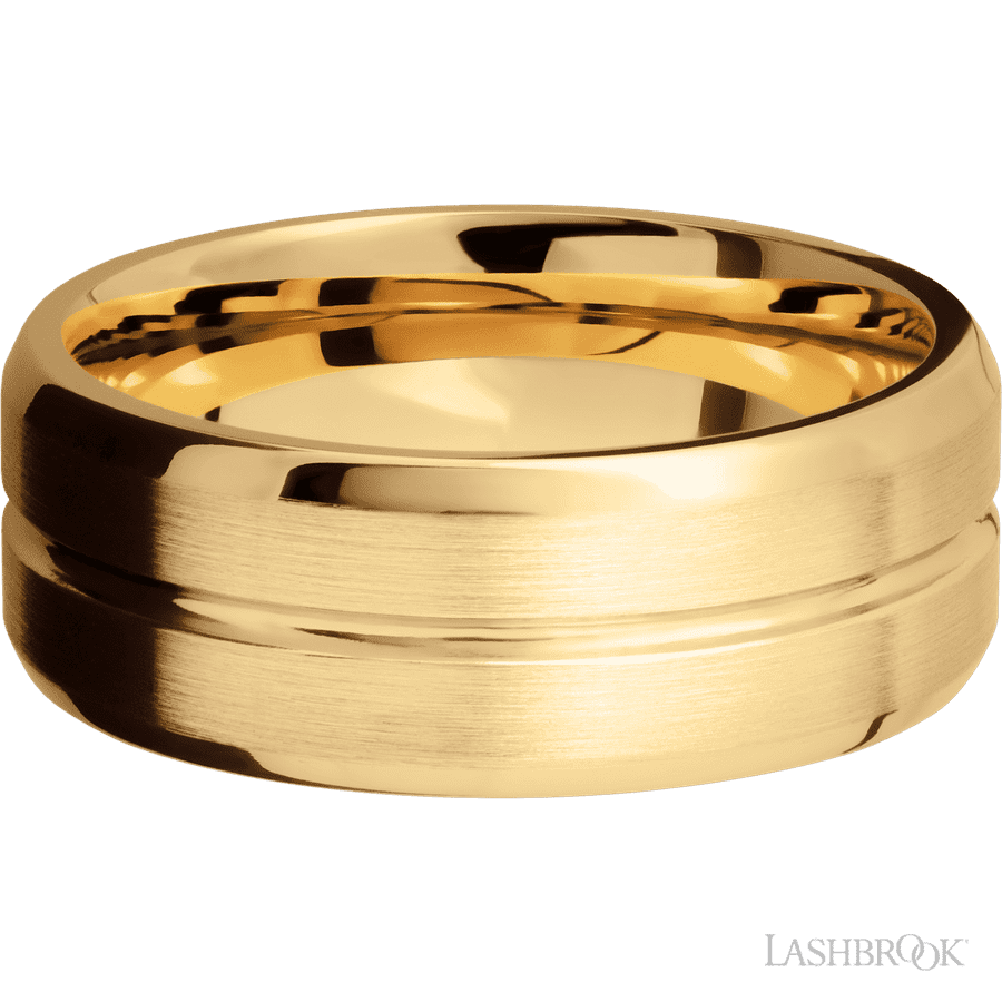 8 mm wide Beveled with Center Accent Groove 14K Yellow Gold band. view 3