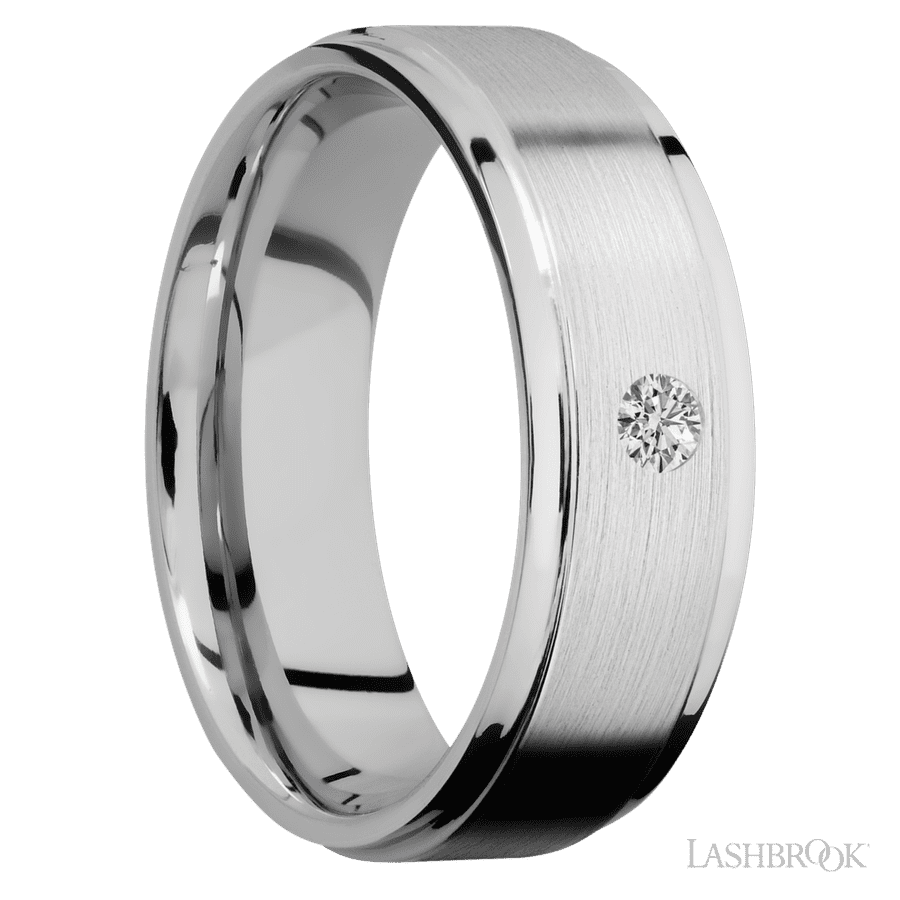 7 mm wide/Flat Grooved Edges/14K White Gold band with an  arrangement of 1, .1 carat Round Diamond stones in a Flush setting. view 2