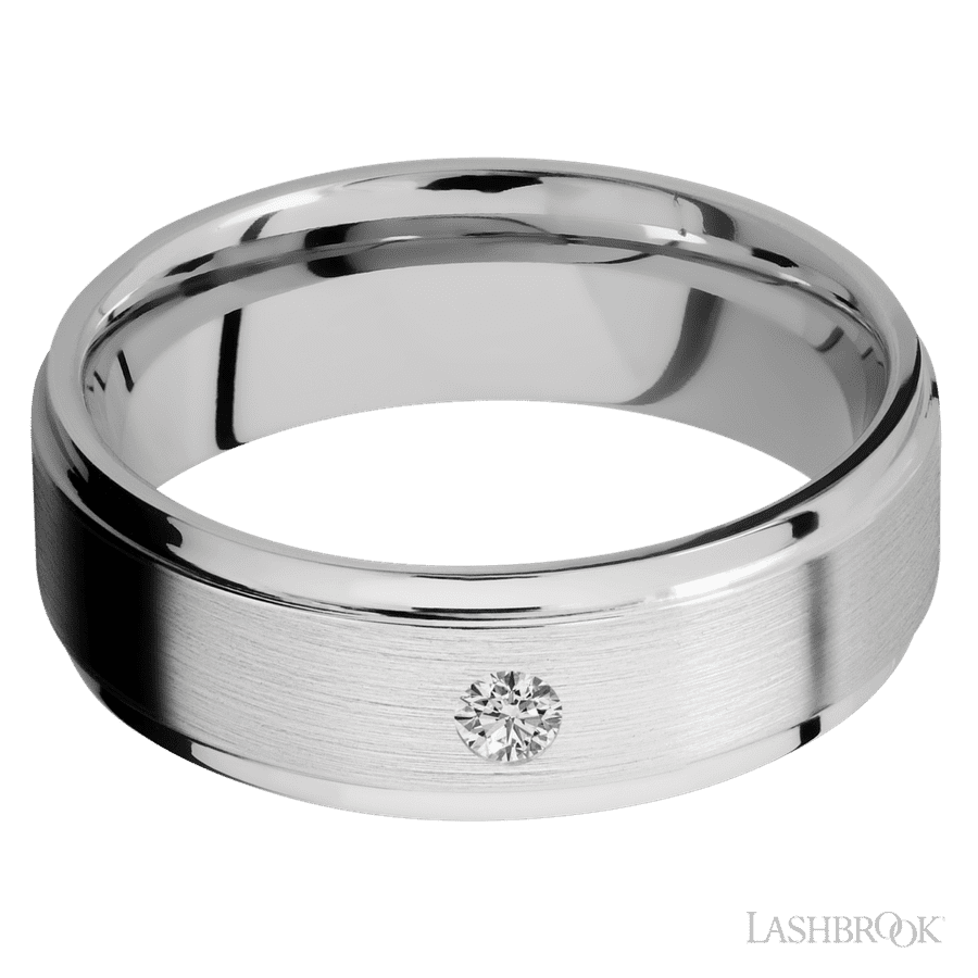 7 mm wide/Flat Grooved Edges/14K White Gold band with an  arrangement of 1, .1 carat Round Diamond stones in a Flush setting. view 3