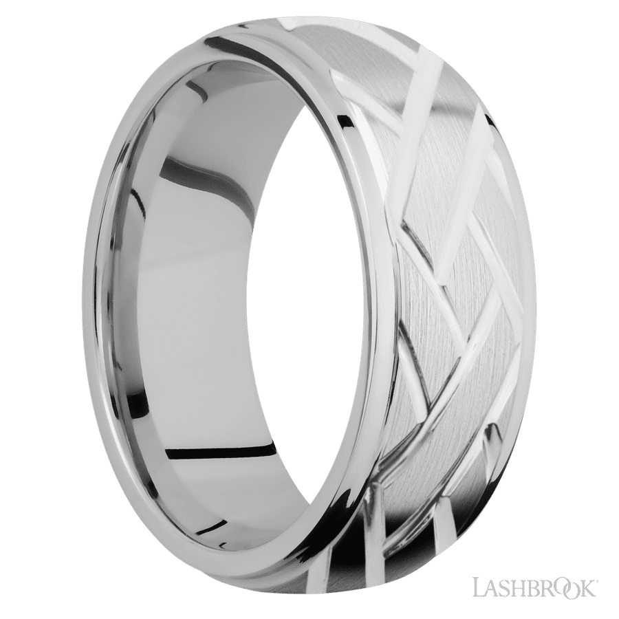 8 mm wide/Domed Stepped Down Edges/14K White Gold band with a machined Lattice pattern. view 2