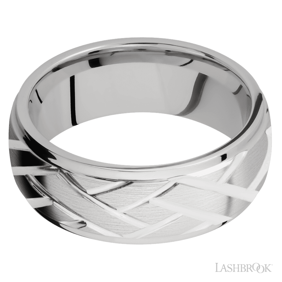 8 mm wide/Domed Stepped Down Edges/14K White Gold band with a machined Lattice pattern. view 3