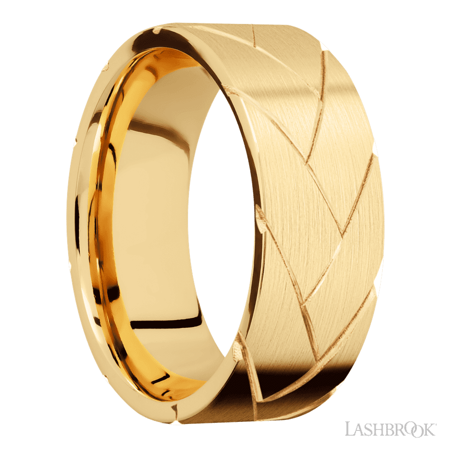 8 mm wide/Flat/14K Yellow Gold band with a machined Flatbraid pattern. view 2