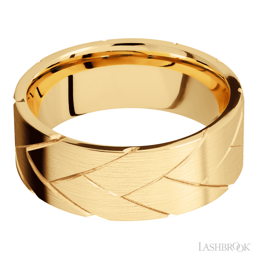 8 mm wide/Flat/14K Yellow Gold band with a machined Flatbraid pattern. view 3