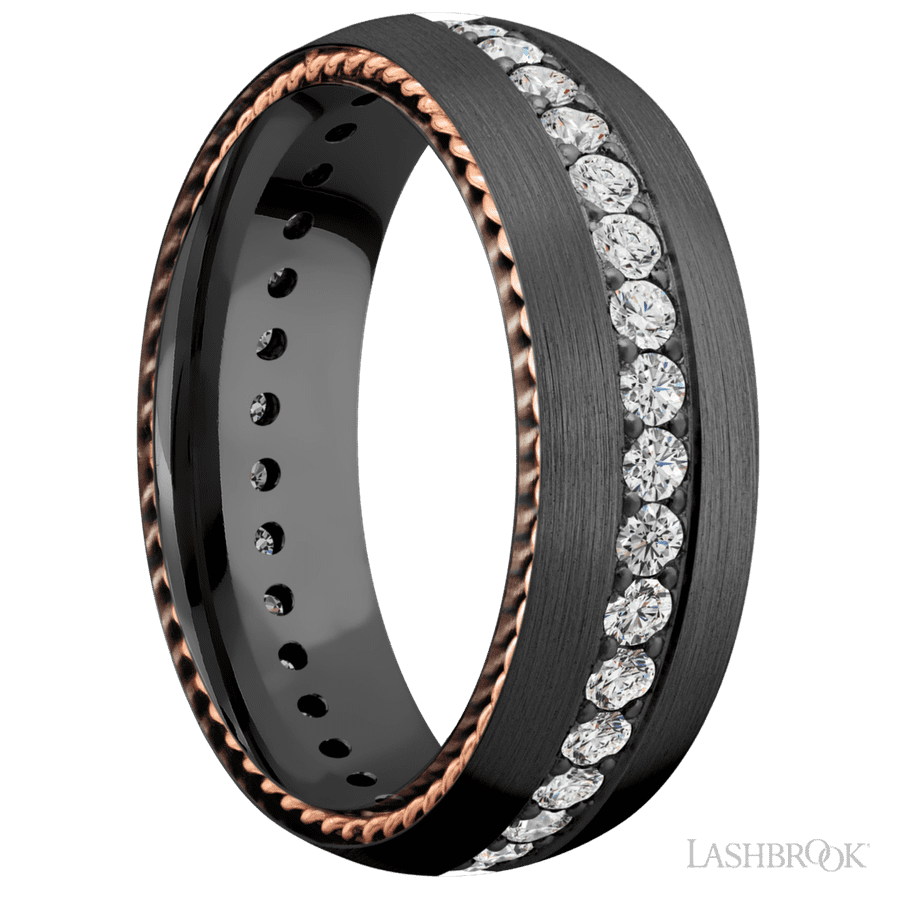 7 mm wide/Domed/Zirconium band with  two 1 mm Sidebraid inlays of 14K Rose Gold and featuring an Eternity arrangement of .03 carat Round Lab Grown Diamond stones in a Bead setting view 2
