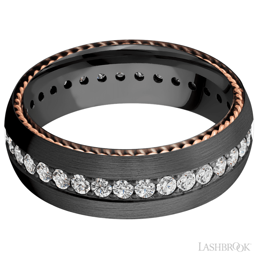 7 mm wide/Domed/Zirconium band with  two 1 mm Sidebraid inlays of 14K Rose Gold and featuring an Eternity arrangement of .03 carat Round Lab Grown Diamond stones in a Bead setting view 3