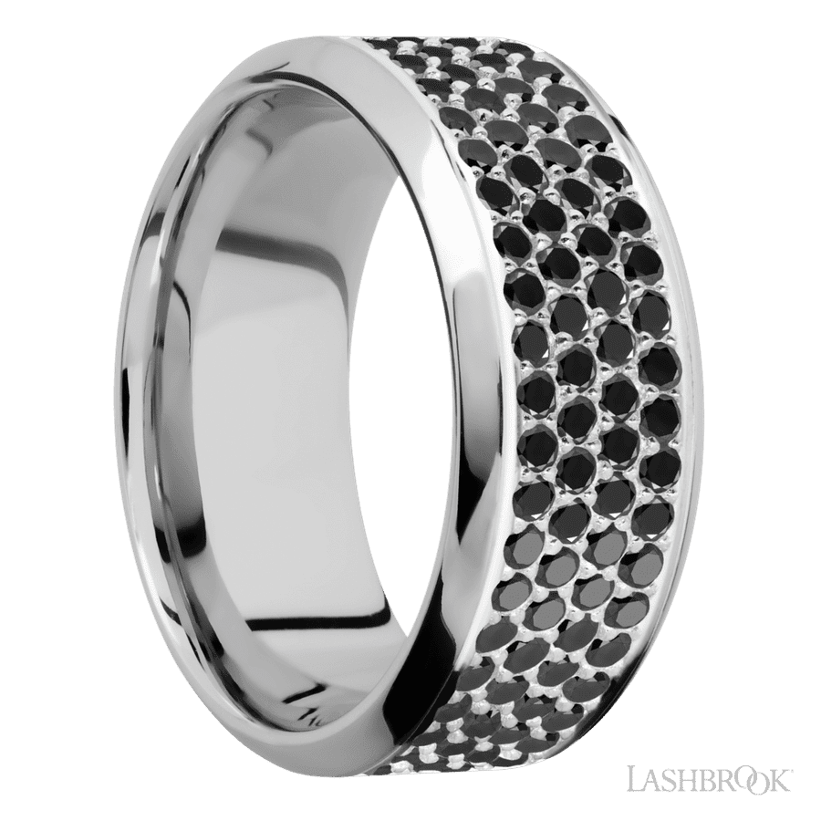 9 mm wide/High Bevel/14K White Gold band with a 4 Row Half Eternity arrangement of .015 carat Round Black Diamond stones in a Bead Channel setting. view 2