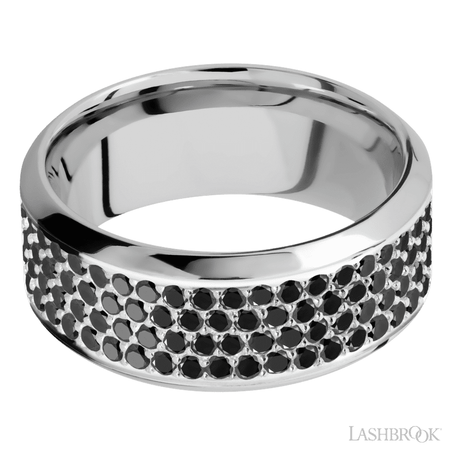 9 mm wide/High Bevel/14K White Gold band with a 4 Row Half Eternity arrangement of .015 carat Round Black Diamond stones in a Bead Channel setting. view 3