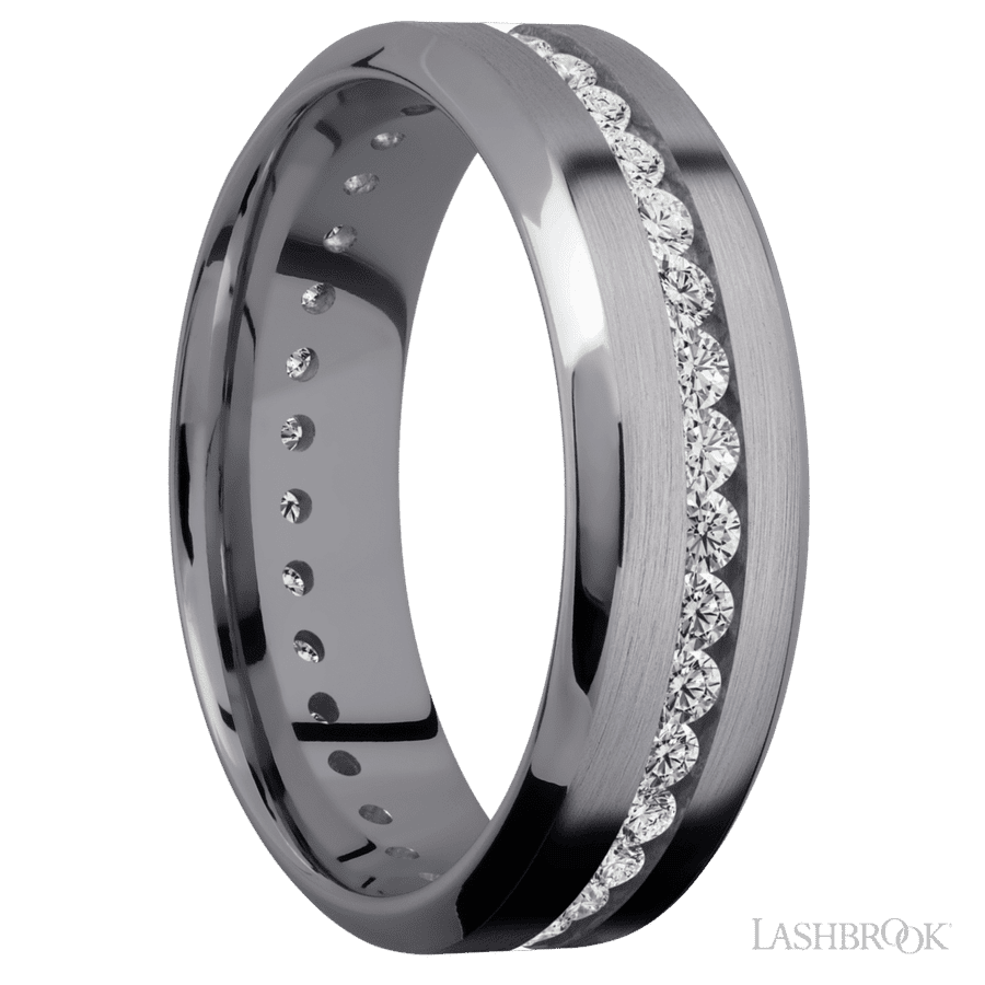 7 mm wide/High Bevel/Tantalum band with an Eternity arrangement of .03 carat Round Lab Grown Diamond stones in a Channel setting. view 2
